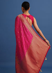 Rani Pink Banarasi Bandhani Satin Saree With Brocade Motifs On Border