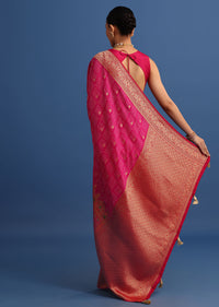 Rani Pink Banarasi Bandhani Satin Saree With Brocade Motifs On Border