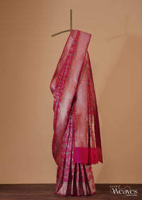 Rani Pink Banarasi Patola Saree In Katan Silk With Ikat Weave And Unstitched Blouse