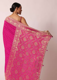 Rani Pink Banarasi Saree With Bandhani Buttis And Unstitched Blouse Piece