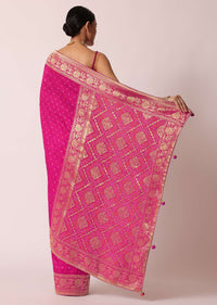 Rani Pink Banarasi Saree With Bandhani Buttis And Unstitched Blouse Piece