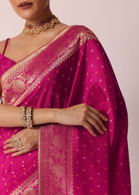 Rani Pink Banarasi Saree With Bandhani Buttis And Unstitched Blouse Piece