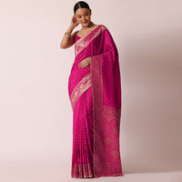 Rani Pink Banarasi Saree With Bandhani Buttis And Unstitched Blouse Piece