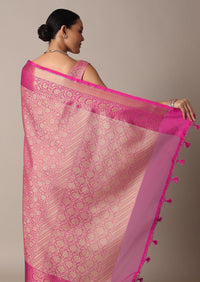 Rani Pink Banarasi Tunchui Silk Saree With Tassel Detail And Unstitched Blouse Piece