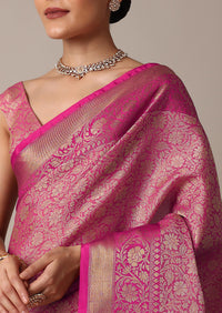 Rani Pink Banarasi Tunchui Silk Saree With Tassel Detail And Unstitched Blouse Piece