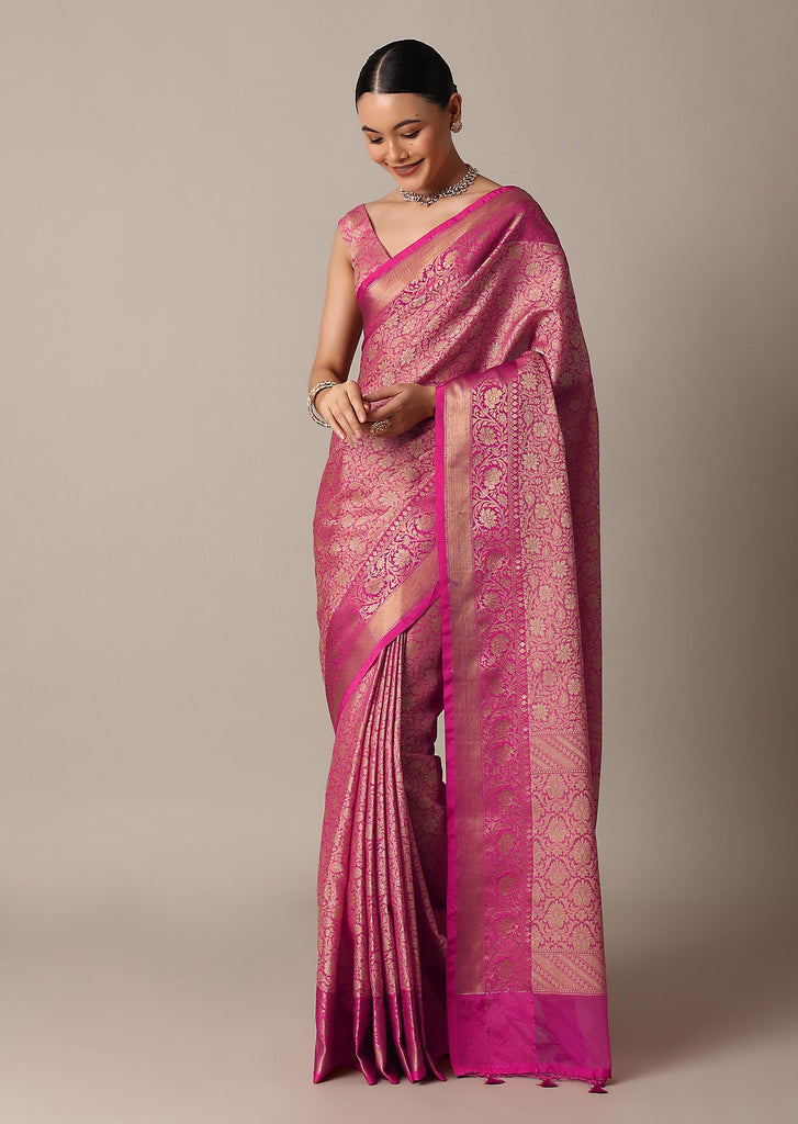 Rani Pink Banarasi Tunchui Silk Saree With Tassel Detail And Unstitched Blouse Piece