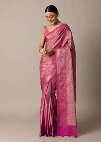 Rani Pink Banarasi Tunchui Silk Saree With Tassel Detail And Unstitched Blouse Piece