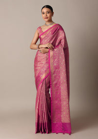 Rani Pink Banarasi Tunchui Silk Saree With Tassel Detail And Unstitched Blouse Piece