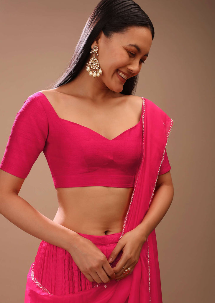 Rani Pink Blouse In Raw Silk With Half Sleeves And Sweetheart Neckline