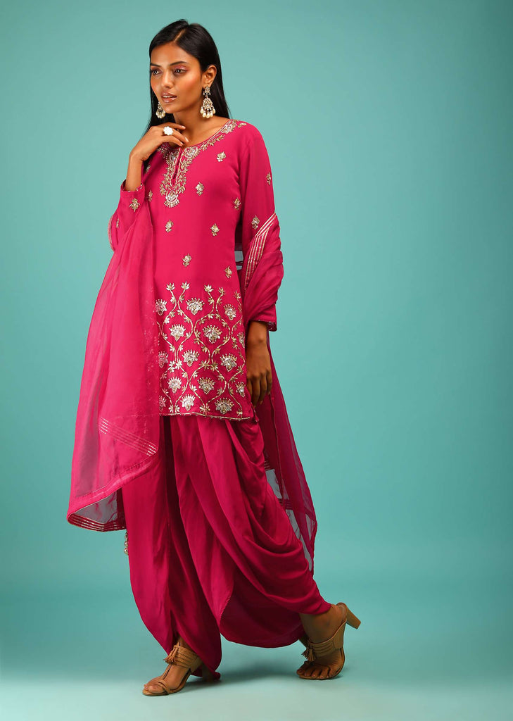 Rani Pink Dhoti Suit With Gotta Patti And Sequins Embroidered Moroccan And Floral Motifs