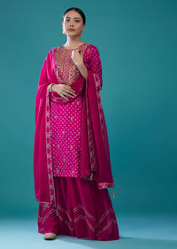 Azalea Pink Embroidered Bandhani Palazzo Set In Silk