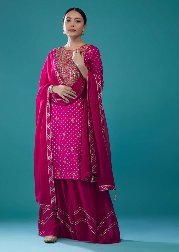 Azalea Pink Embroidered Bandhani Palazzo Set In Silk