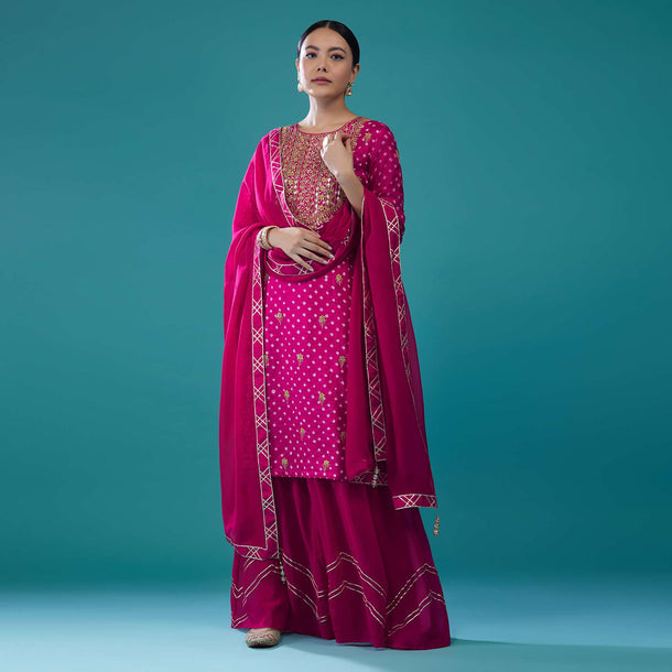 Azalea Pink Embroidered Bandhani Palazzo Set In Silk