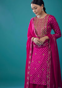 Azalea Pink Embroidered Bandhani Palazzo Set In Silk