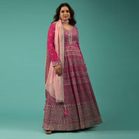 Rani Pink Georgette Anarkali Suit With Zari And Embroidered Jhaal