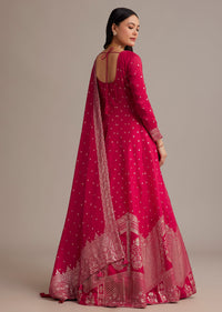 Rani Pink Gold Weave Anarkali Set With Banarasi Dupatta