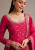 Rani Pink Gold Weave Anarkali Set With Banarasi Dupatta