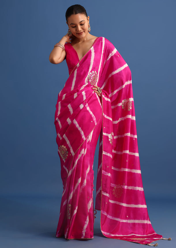 Rani Pink Hand Dyed Lehriya Silk Saree With Gota Patti Work