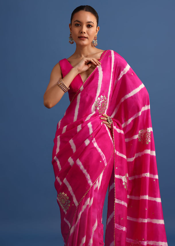 Rani Pink Hand Dyed Lehriya Silk Saree With Gota Patti Work