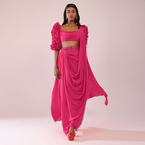 Rani Pink Drape Saree With Fancy Blouse In Crepe