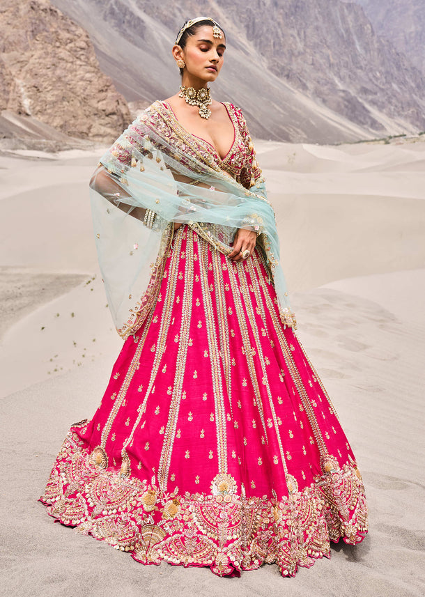 Rani Pink Heavy Embroidered Bridal Lehenga With Two Dupattas