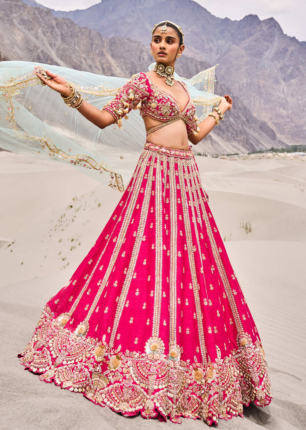 Rani Pink Heavy Embroidered Bridal Lehenga With Two Dupattas