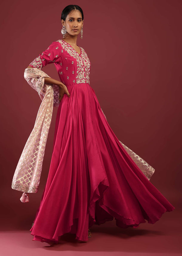 Rani Pink High Low Anarkali Suit With A Front Slit, Zardosi Embroidered Flowers And Baby Pink Lurex Dupatta