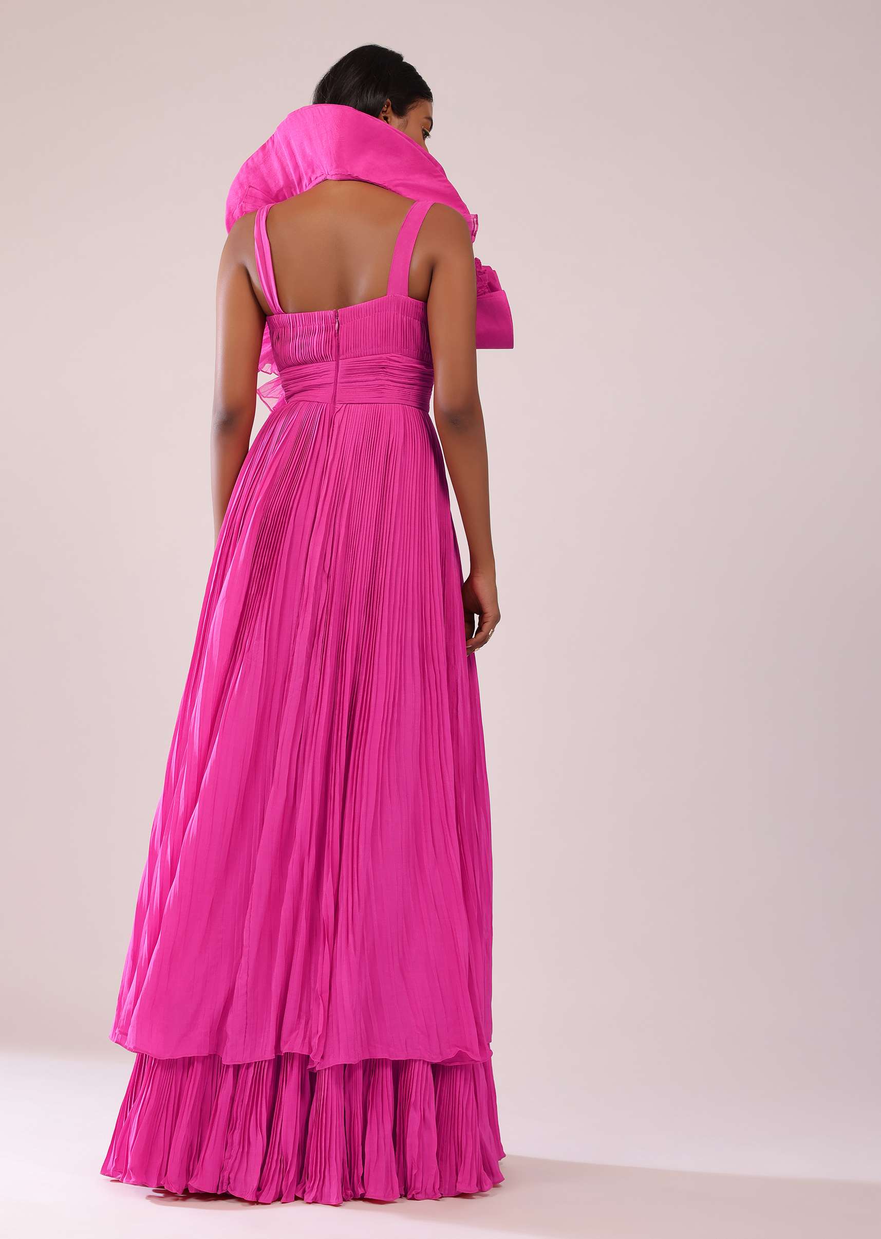 Rani Pink Indo-Western Crepe Gown With Patchwork On The Neckline