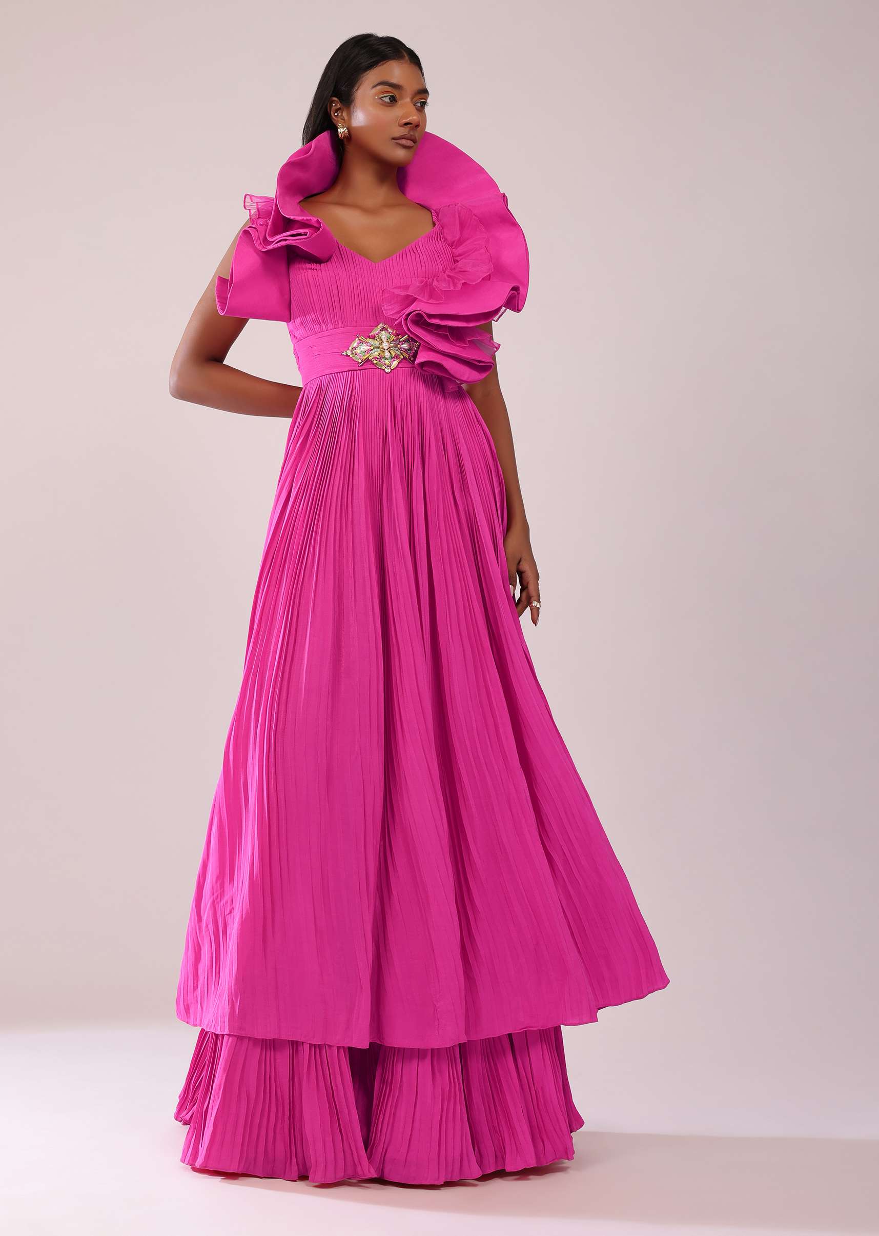 Rani Pink Indo-Western Crepe Gown With Patchwork On The Neckline