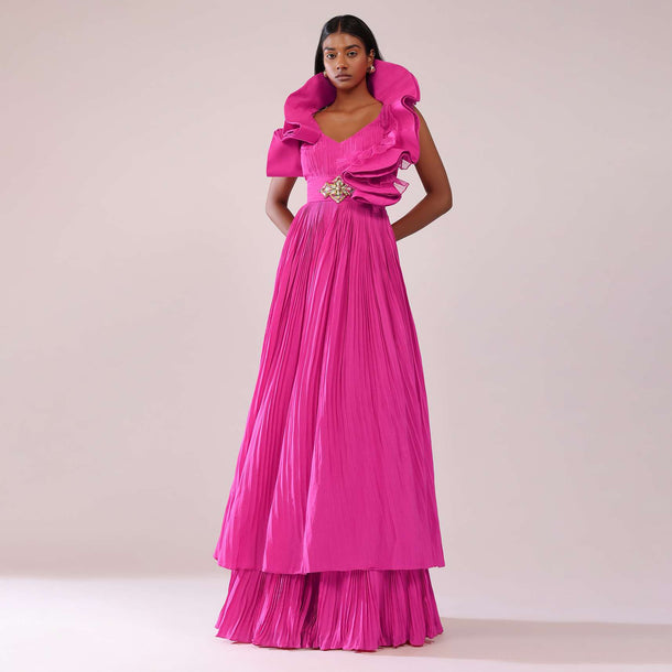 Rani Pink Indo-Western Crepe Gown With Patchwork On The Neckline