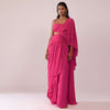 Rani Pink Crepe Drape Saree And Blouse With Crystal Detailing On the Strap