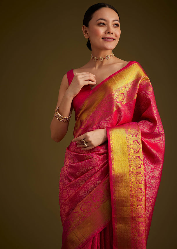 Rani Pink Kanjivaram Silk Saree With Golden Zari Border
