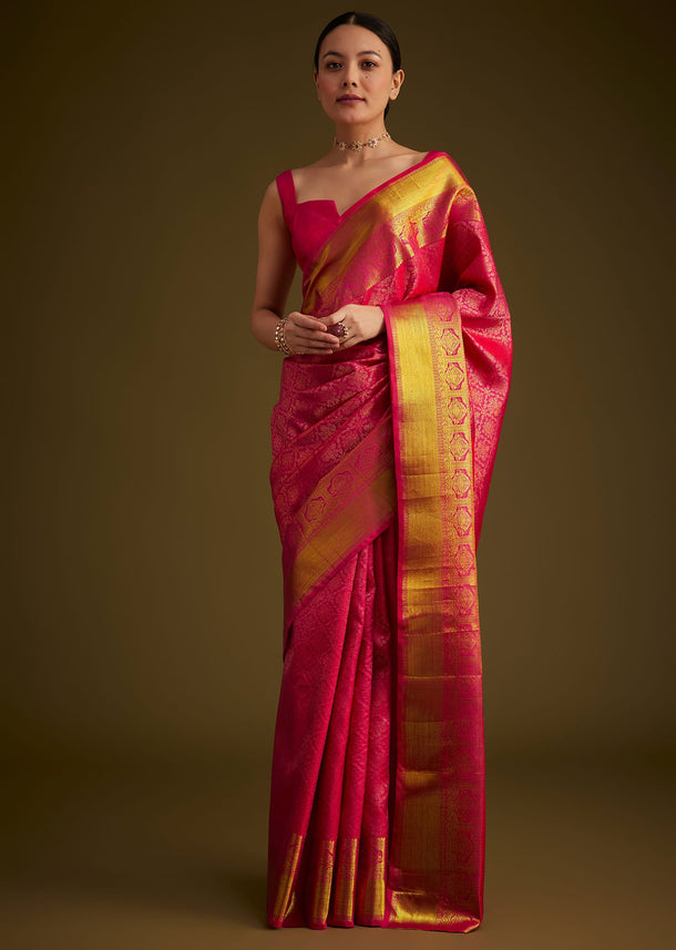 Rani Pink Kanjivaram Silk Saree With Golden Zari Border