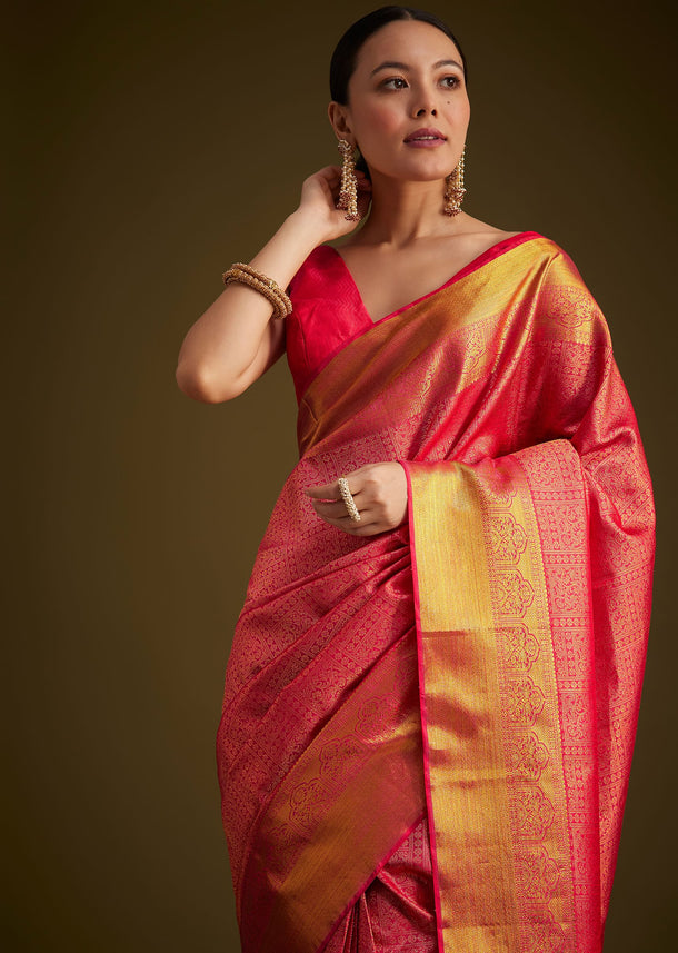 Rani Pink Kanjivaram Silk Saree With Golden Zari Detailing