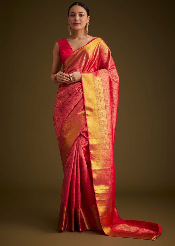Rani Pink Kanjivaram Silk Saree With Golden Zari Detailing