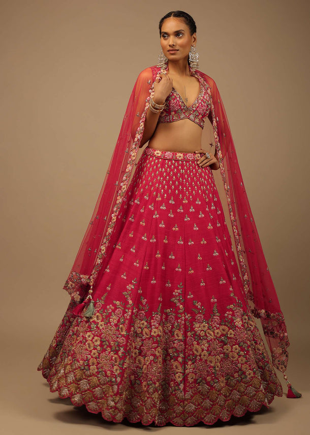 Rani Pink Lehenga Choli In Raw Silk With A Cluster Of Multi Colored Resham Flowers And Cut Dana Highlights