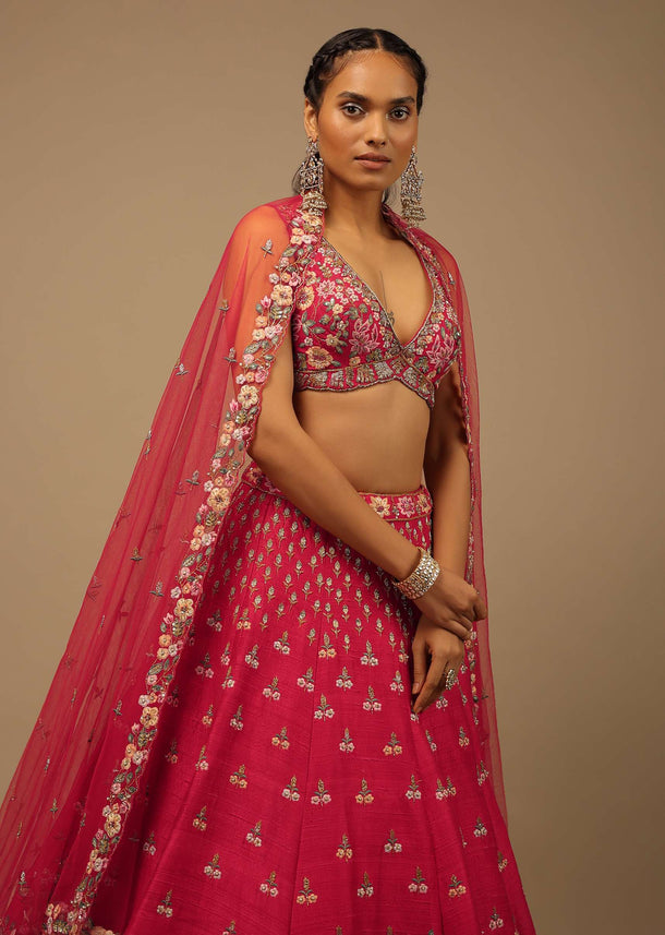 Rani Pink Lehenga Choli In Raw Silk With A Cluster Of Multi Colored Resham Flowers And Cut Dana Highlights