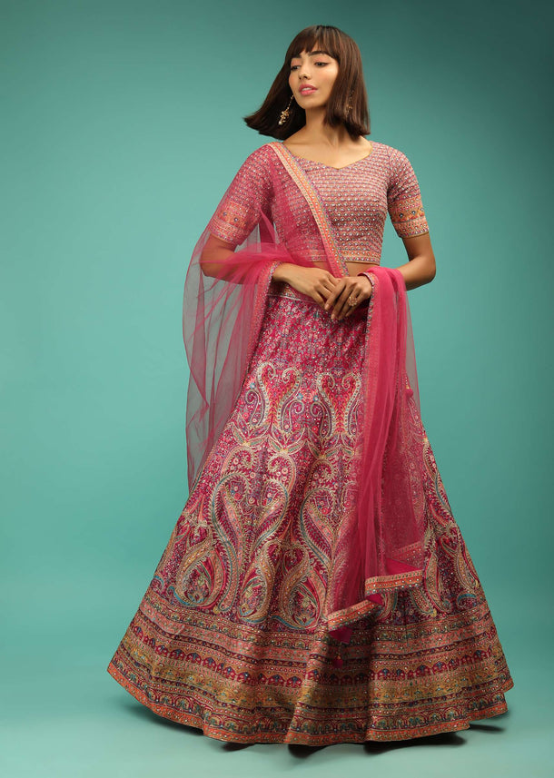 Rani Pink Lehenga Choli With Ethnic Floral Print And Zari Accents