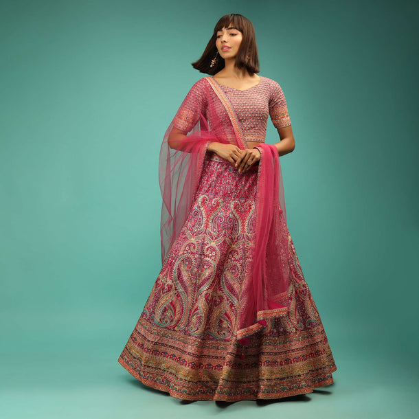 Rani Pink Lehenga Choli With Ethnic Floral Print And Zari Accents