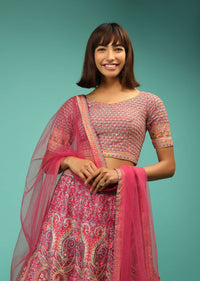 Rani Pink Lehenga Choli With Ethnic Floral Print And Zari Accents