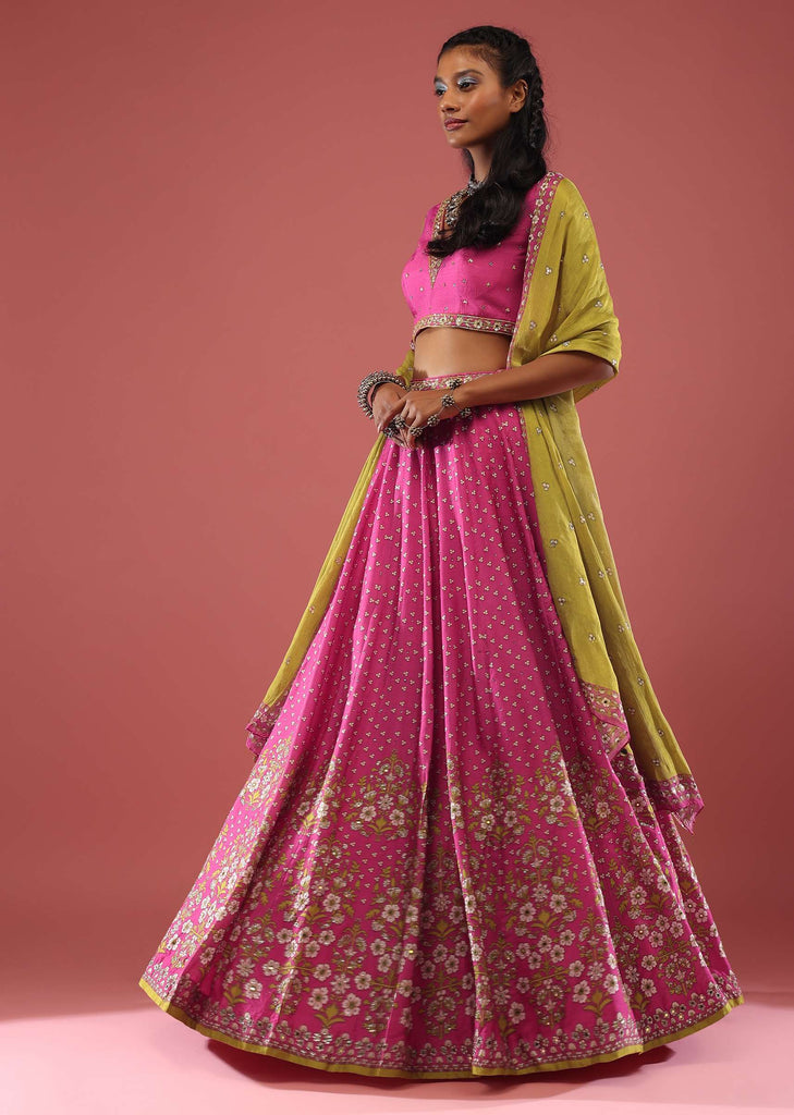 Rani Pink Lehenga Choli With Floral Print And Small Sequin-Stone Work