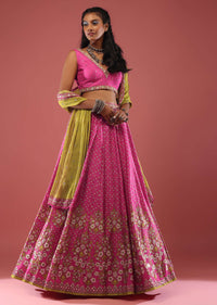 Rani Pink Lehenga Choli With Floral Print And Small Sequin-Stone Work