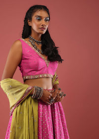 Rani Pink Lehenga Choli With Floral Print And Small Sequin-Stone Work