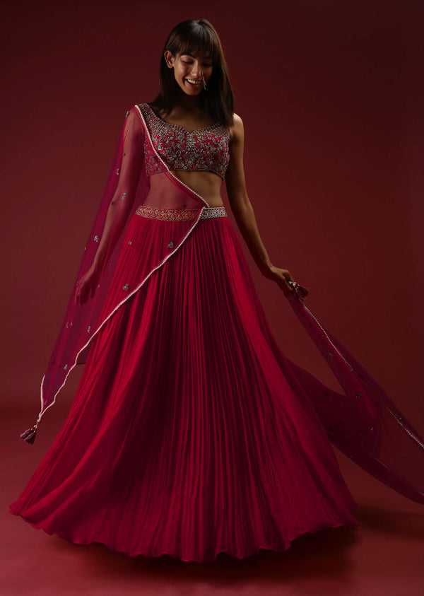 Rani Pink Lehenga Choli With Multi Colored Resham Embroidered Flowers And Zardosi Highlights Online - Kalki Fashion