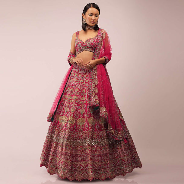 Rani Pink Lehenga In Golden Zari Work Embroidery Inspired By Mughal Architecture With Matching Net Dupatta In Embroidered Buttis