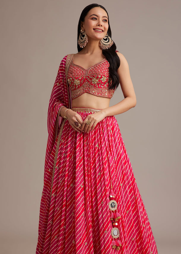 Rani Pink Leheriya Lehenga Set With Zardosi And Sequins Work
