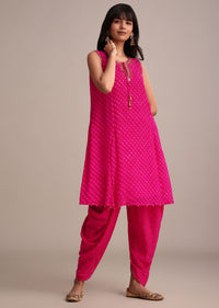 Rani Pink Leheriya Printed Kurta Dhoti Set