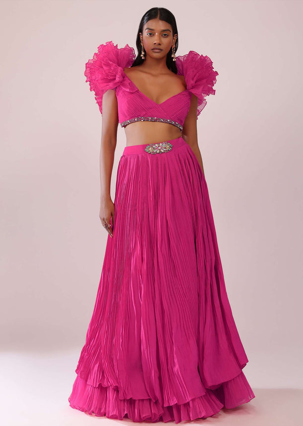 Rani Pink Pleated Lehenga And Blouse With Frilled Sleeves In Organza