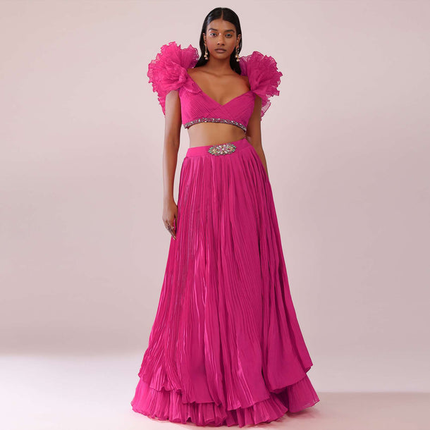Rani Pink Pleated Lehenga And Blouse With Frilled Sleeves In Organza