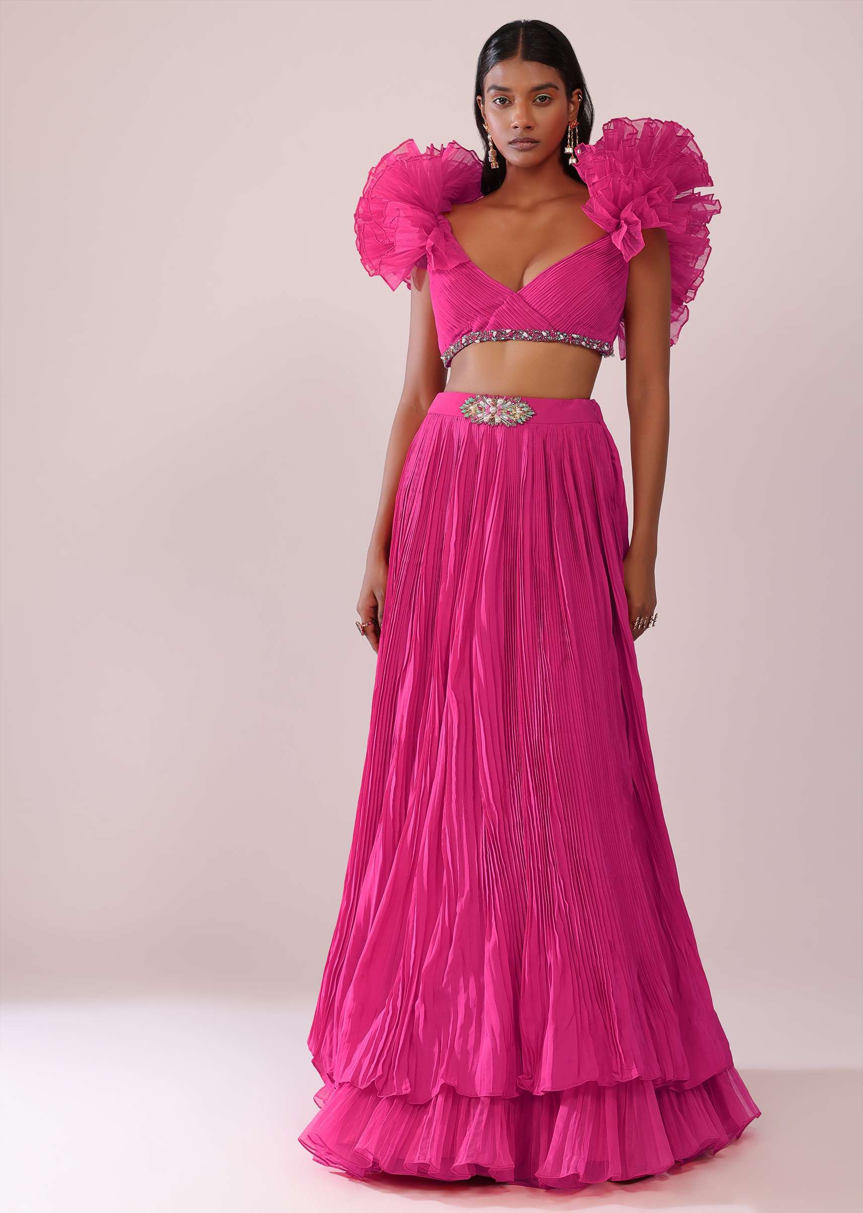 Rani Pink Pleated Lehenga And Blouse With Frilled Sleeves In Organza